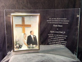 Curved Glass Frame with Wedding Invitation Engraved on it